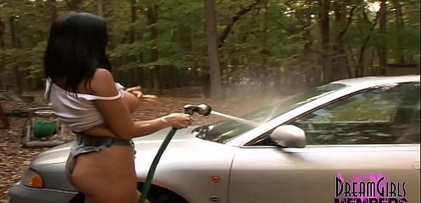  Big Tit Brunette Washes A Car And Herself